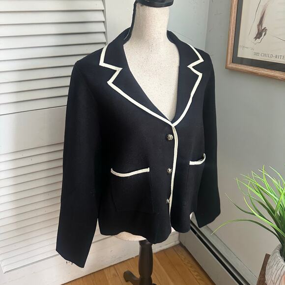 RIO & RIAN Jacket Womens XL Black White Trim Boxy Sweater Knit Preppy Classic - Picture 4 of 9